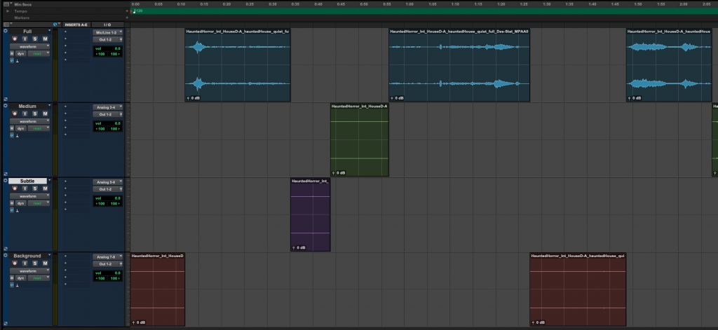 Ambience versions cut up in Pro Tools.